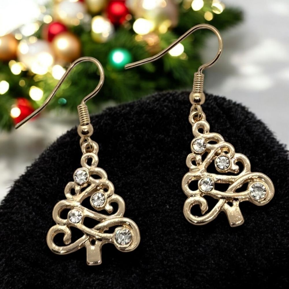 Holiday Earrings🎄Christmas Tree Gold Rhinestone Festive Jewelry Pierced Ears